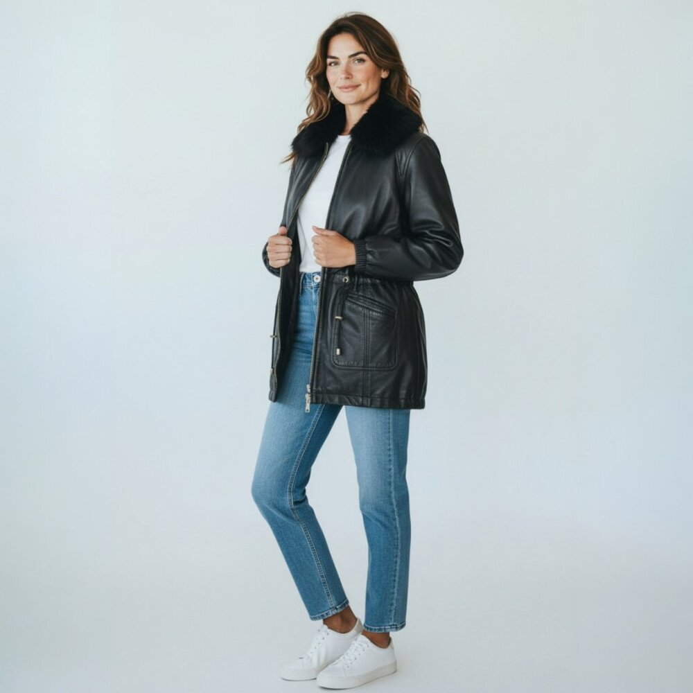 Vintage DAMSELLE New York Black Leather Jacket removable Fur Collar – Women’s M